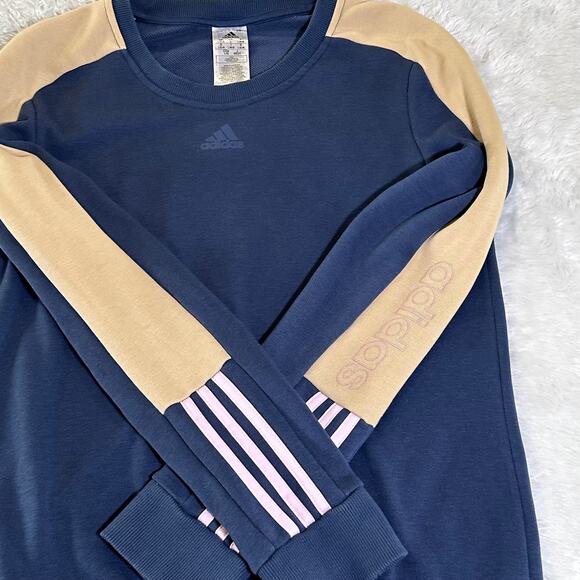 Adidas Essentials Logo Colorblock 3-Stripe Pullover Sweatshirt Women L Navy Tan - Picture 2 of 8